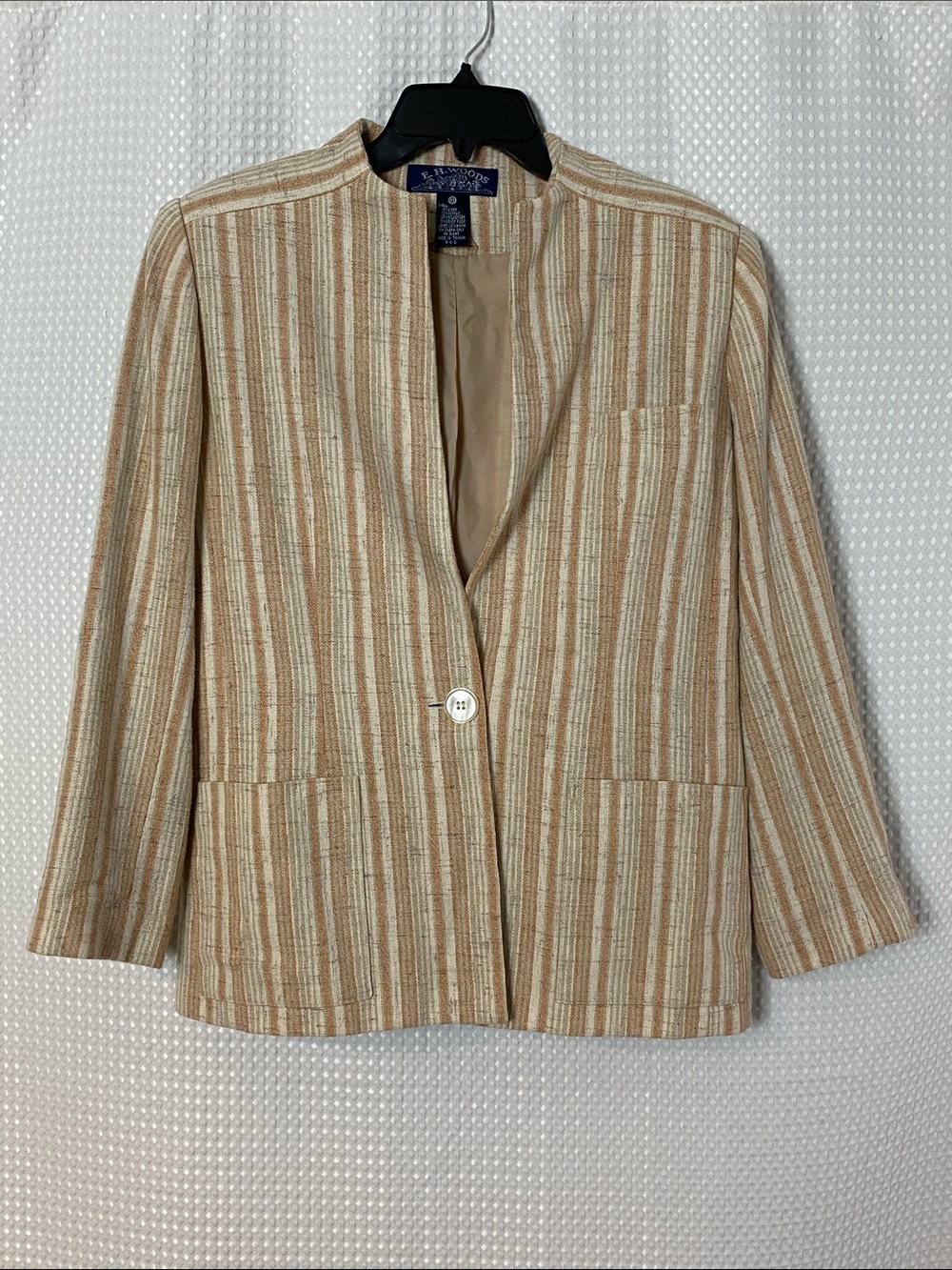 Vintage E.R. Woods Collarless Striped Blazer Size 10 Linen Blend Earth Tone